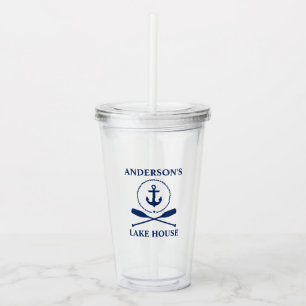 Nautical Navy Blue Anchor Rope Oars Lake House Acrylic Tumbler