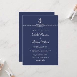 Nautical Navy Blue Anchor Rope QR Code Wedding Invitation