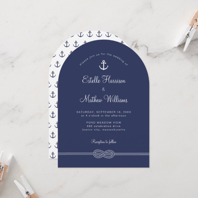 Nautical Navy Blue Anchor Rope Wedding Invitation (Front/Back In Situ)