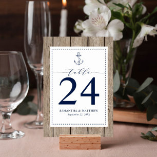 Nautical Navy Blue Anchor Rustic Wood Wedding Table Number