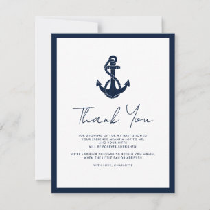 Nautical Navy Blue Anchor Script Boy Baby Shower Thank You Card