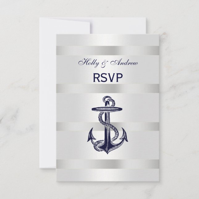 Nautical Navy Blue Anchor Silver White V RSVP (Front)
