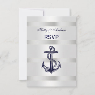 Nautical Navy Blue Anchor Silver White V RSVP Menu