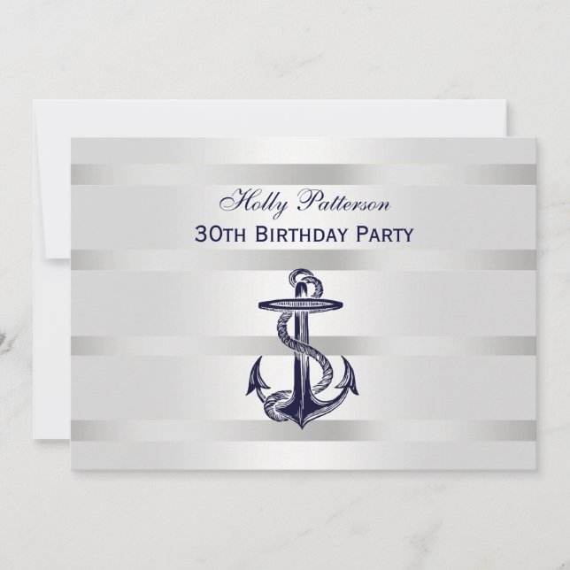 Nautical Navy Blue Anchor Silver Wt BG H Birthday Invitation (Front)
