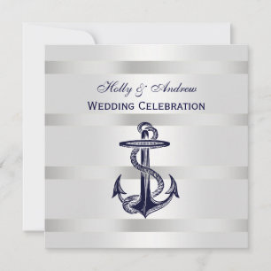 Nautical Navy Blue Anchor Silver Wt BG SQ Wedding Invitation