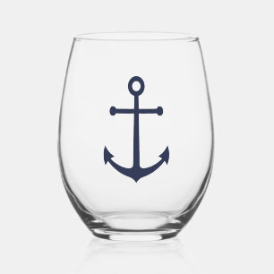 Nautical Navy Blue Anchor Stemless Wine Glass