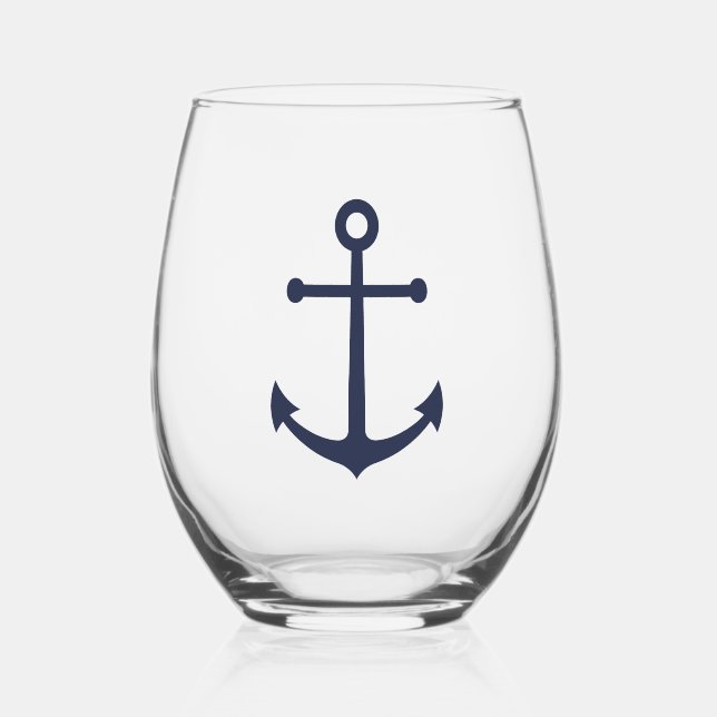 Nautical Navy Blue Anchor Stemless Wine Glass (Front)