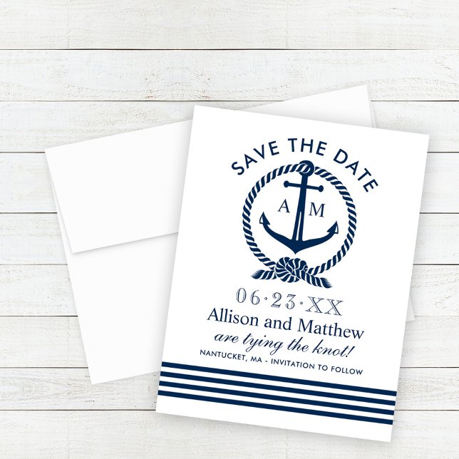 Nautical Navy Blue Anchor Stripes Wedding Save The Date (Creator Uploaded)