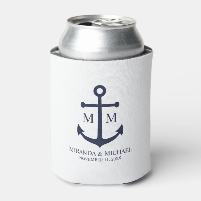 Nautical Navy Blue Anchor Wedding Can Cooler (Can Front)