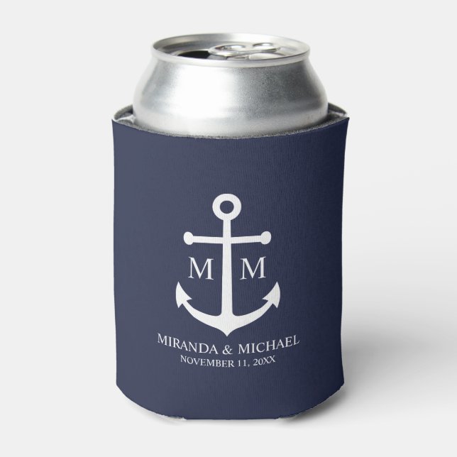 Nautical Navy Blue Anchor Wedding Can Cooler (Can Front)