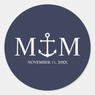 Nautical Navy Blue Anchor Wedding Classic Round Sticker