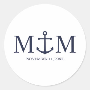 Nautical Navy Blue Anchor Wedding Classic Round Sticker