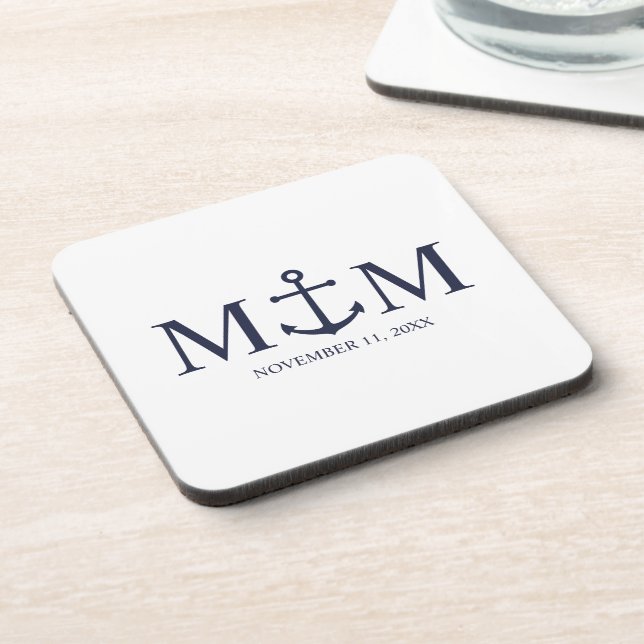 Nautical Navy Blue Anchor Wedding Coaster (Left Side)