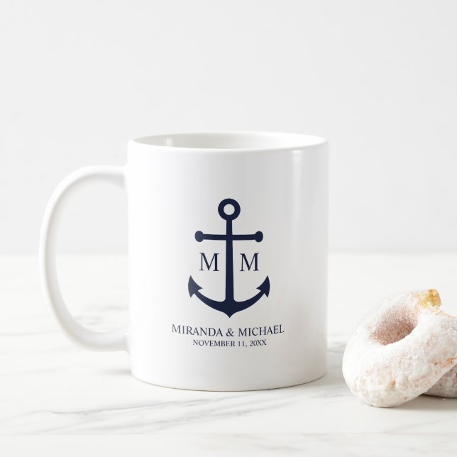 Nautical Navy Blue Anchor Wedding Coffee Mug (With Donut)