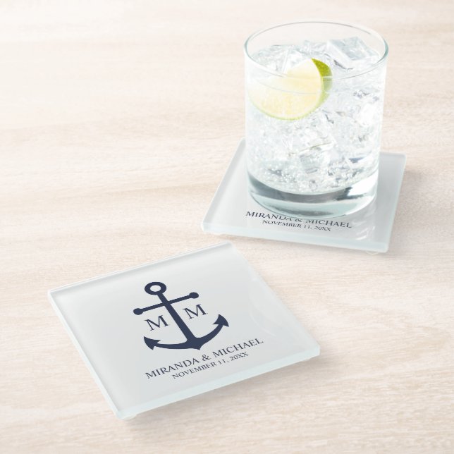 Nautical Navy Blue Anchor Wedding Glass Coaster (Angled)