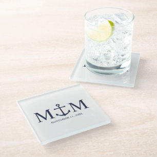 Nautical Navy Blue Anchor Wedding Glass Coaster