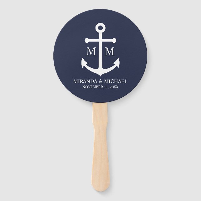 Nautical Navy Blue Anchor Wedding Hand Fan (Front)