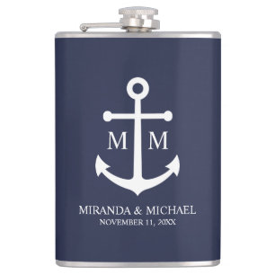 Nautical Navy Blue Anchor Wedding Hip Flask