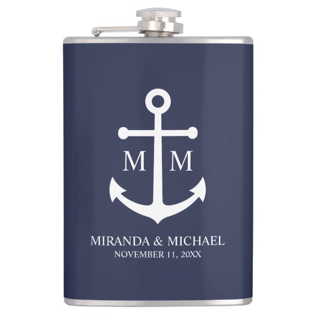 Nautical Navy Blue Anchor Wedding Hip Flask (Front)