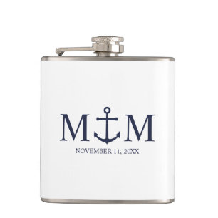 Nautical Navy Blue Anchor Wedding Hip Flask