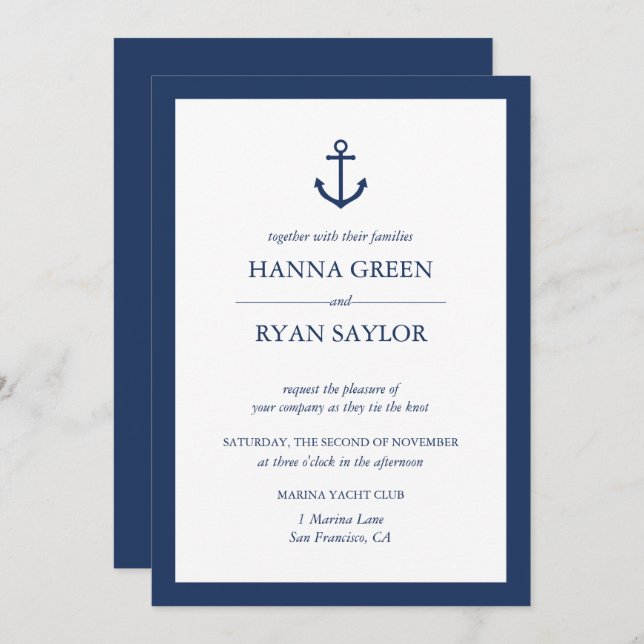 Nautical Navy Blue Anchor Wedding Invitation (Front/Back)
