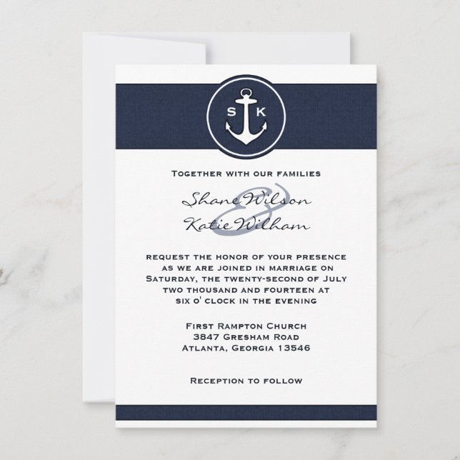 Nautical Navy Blue Anchor Wedding Invitation (Front)