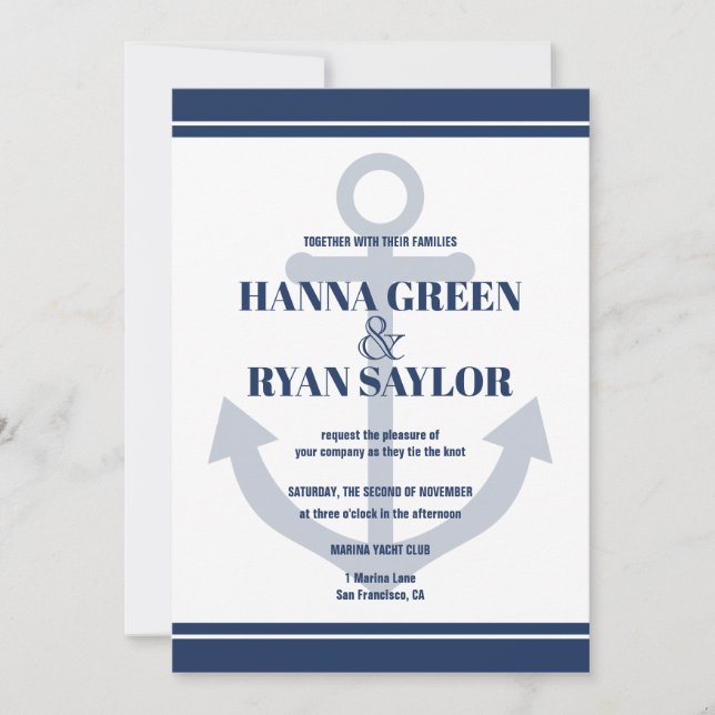 Nautical Navy Blue Anchor Wedding Invitation (Front)