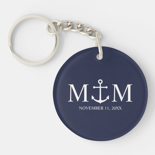 Nautical Navy Blue Anchor Wedding Key Ring (Front)
