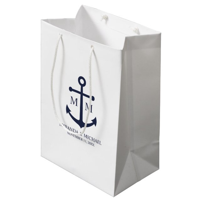 Nautical Navy Blue Anchor Wedding Medium Gift Bag (Front Angled)