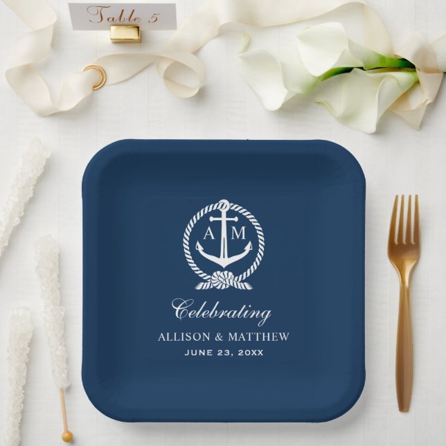 Nautical Navy Blue Anchor Wedding Monogram Paper Plate (Wedding)