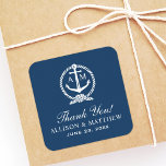 Nautical Navy Blue Anchor Wedding Monogram Square Sticker<br><div class="desc">Modern preppy nautical wedding "Thank You" favour sticker features a wedding monogram displayed inside a boat anchor with rope knot frame and custom text. Square sticker with rounded corners.  Navy blue,  light grey and white colour scheme.</div>