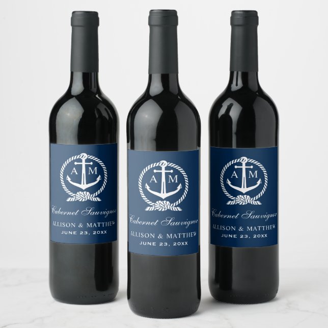 Nautical Navy Blue Anchor Wedding Monogram Wine Label (Bottles)