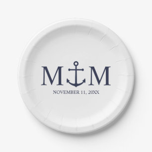 Nautical Navy Blue Anchor Wedding Paper Plate