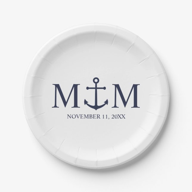 Nautical Navy Blue Anchor Wedding Paper Plate (Front)