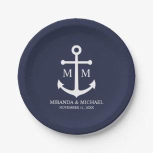 Nautical Navy Blue Anchor Wedding Paper Plate