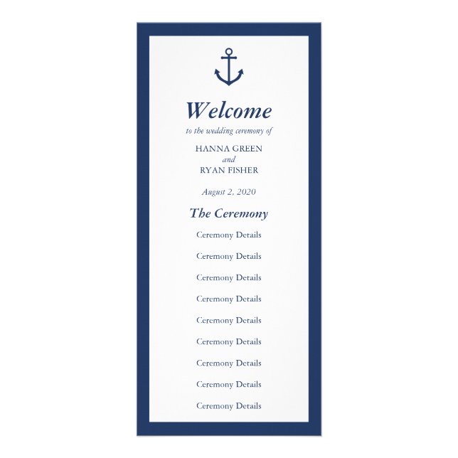 Nautical Navy Blue Anchor Wedding Program Rack Card (Front)
