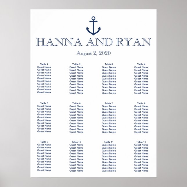 Nautical Navy Blue Anchor Wedding Seating Chart (Front)