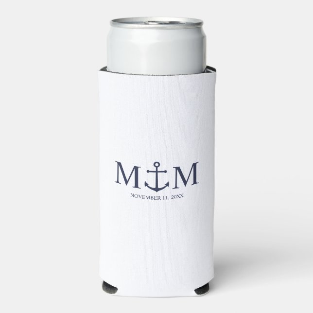 Nautical Navy Blue Anchor Wedding Seltzer Can Cooler (Seltzer Front)