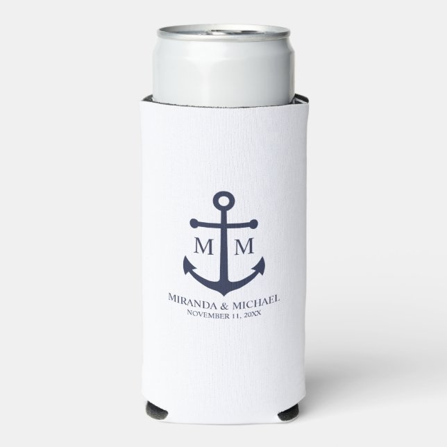 Nautical Navy Blue Anchor Wedding Seltzer Can Cooler (Seltzer Front)