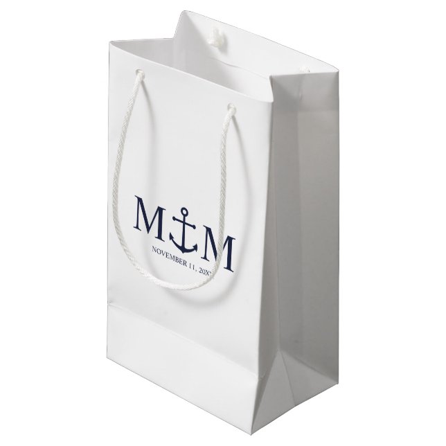 Nautical Navy Blue Anchor Wedding Small Gift Bag (Front Angled)