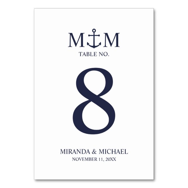 Nautical Navy Blue Anchor Wedding Table Number (Back)
