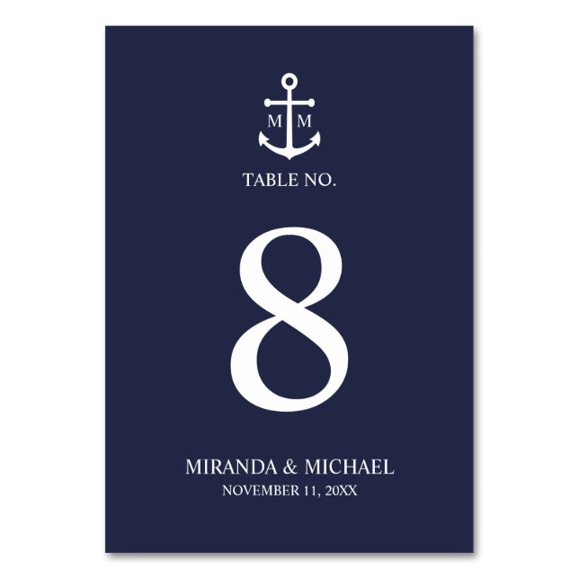 Nautical Navy Blue Anchor Wedding Table Number (Front)