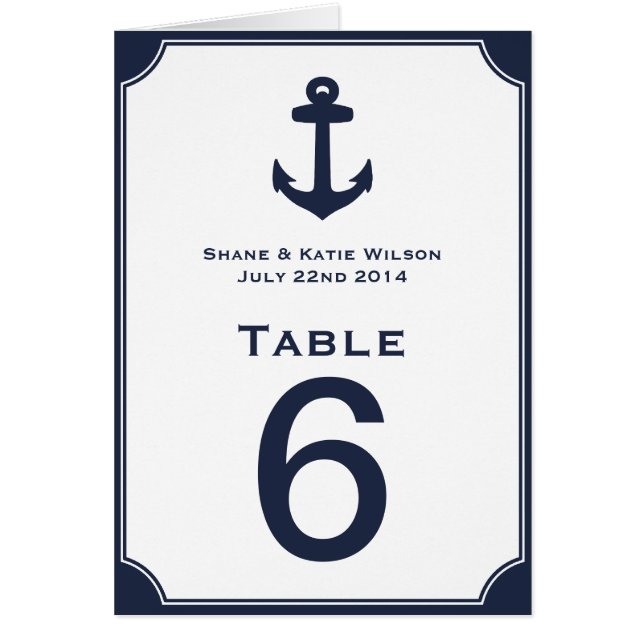 Nautical Navy Blue Anchor Wedding Table Number (Front)