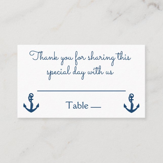 Nautical Navy Blue Anchor Wedding Thank You Place Card (Front)