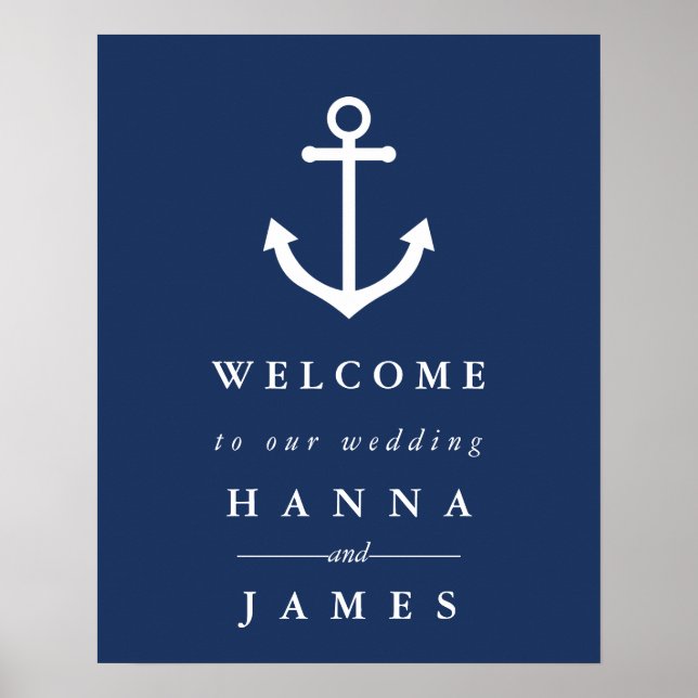 Nautical Navy Blue Anchor Wedding Welcome Sign (Front)