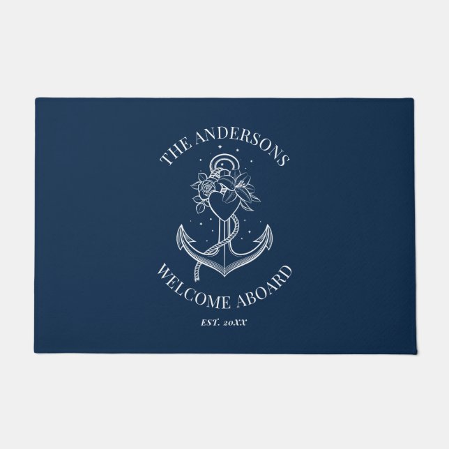 Nautical Navy Blue Anchor Welcome Aboard Boat Name Doormat (Front)