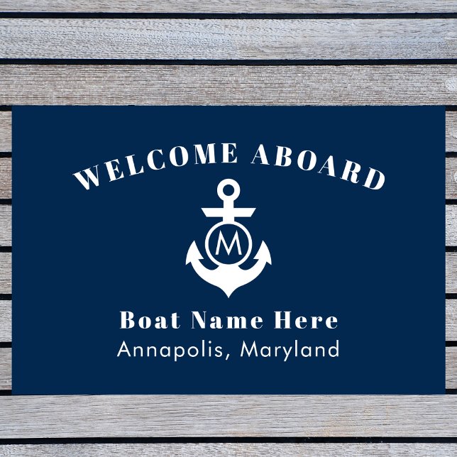 Nautical Navy Blue Anchor Welcome Aboard Boat Name Doormat (Creator Uploaded)