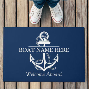 Nautical Navy Blue Anchor Welcome Aboard Doormat