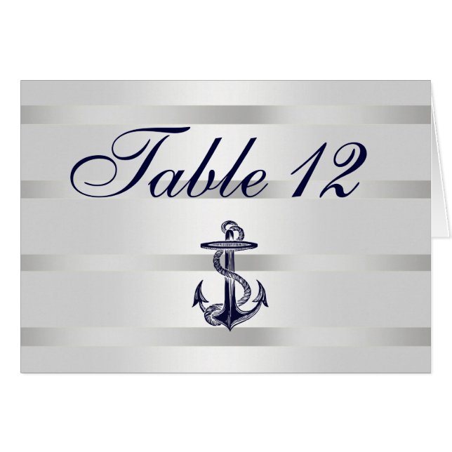 Nautical Navy Blue Anchor White BG Table Number (Front Horizontal)