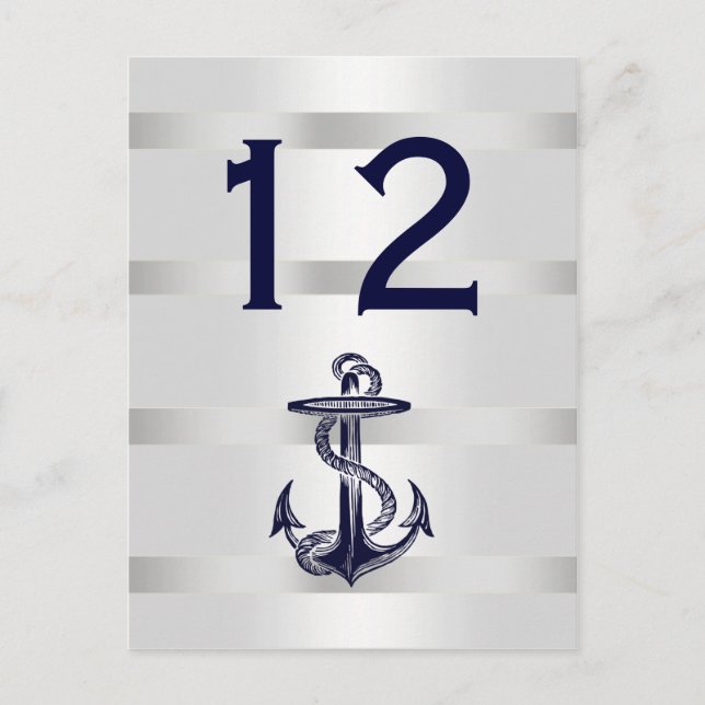 Nautical Navy Blue Anchor White BG V Table Number Postcard (Front)